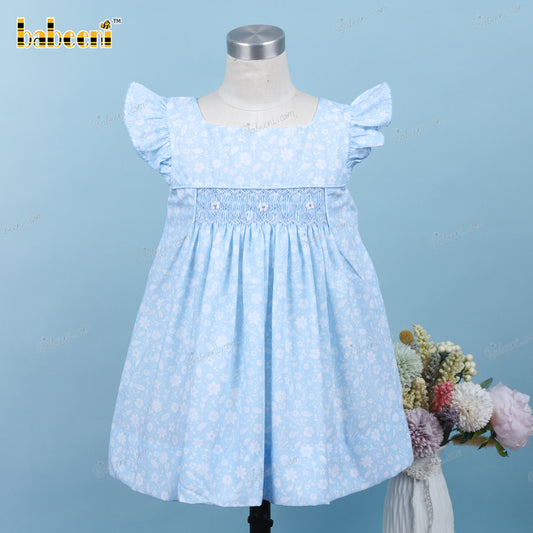 Geometric Smocked Dress In Blue With White Floral For Girl - DR3604