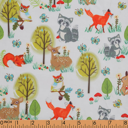 K147- Fox, tree, raccoon printed 4.0 knit fabric