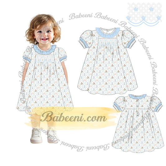 Girls’ A-line Smocked Dress with Beaded Flowers – DR4363