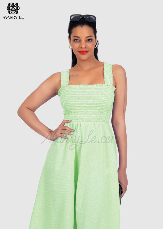 LOVELY SHIRRED GREEN DRESS FOR WOMEN - MD320