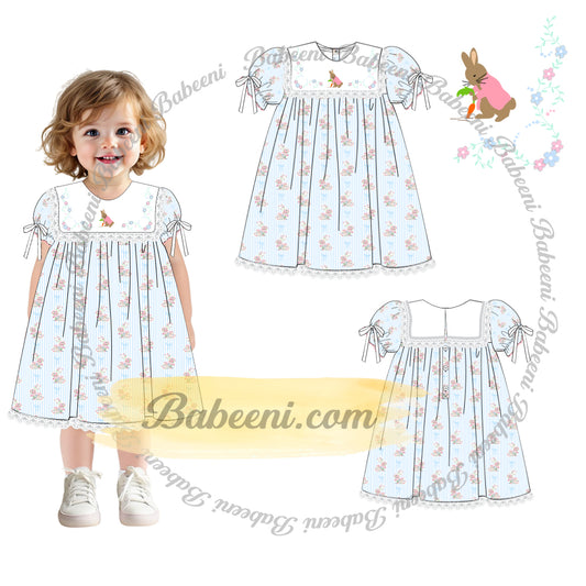 A-line Dress with 3D Floral Sleeve Embroidery and Ribbon Bow – DR4364