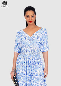 SUMMER FLORAL PRINTED WRAP V-NECK SHIRRED MIDI DRESS – MD312