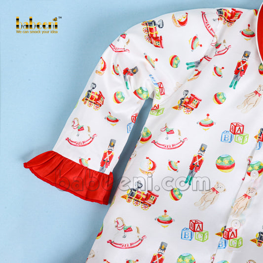 Lovely silk satin pajama for little girls with toys printed on fabric - PJ 50A