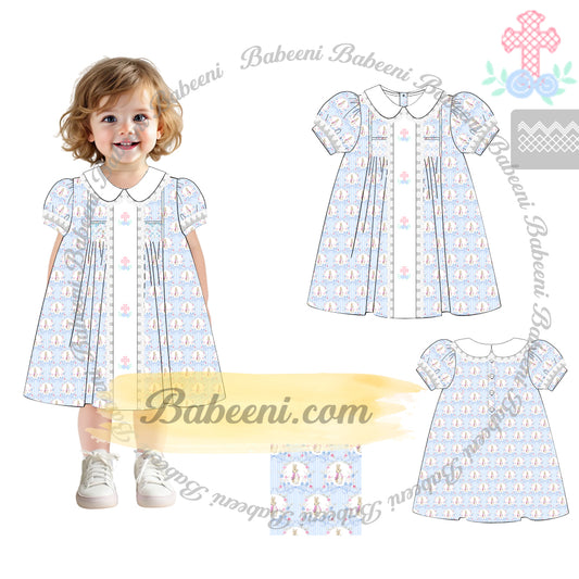 Pastel Blue A-line Dress with Smocking and Embroidered Collar – DR4366