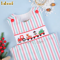 Train carrying Christmas gift smocked boy shortall - BC1151