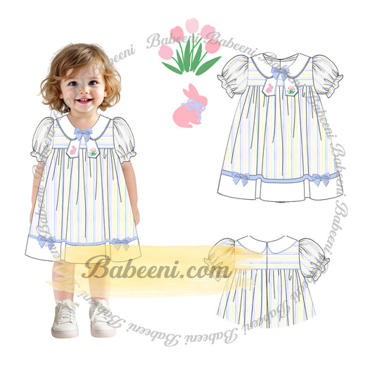 A-Line Pastel Striped Girl Dress with Embroidered Sleeves & Removable Bow – DR4367