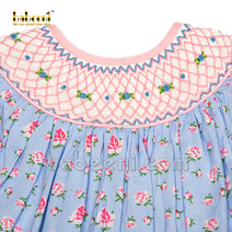 Pink geometric smock blue with pink flower baby bubble - DR 3128