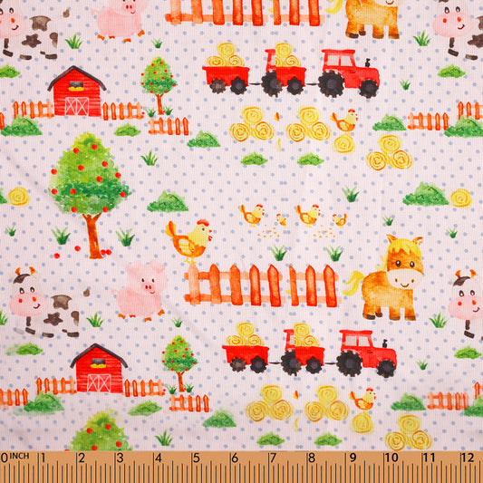 F59 - farm animals on blue dot printed 4.0 pique fabric