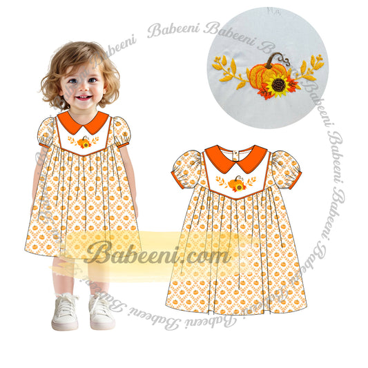 Pumpkin & Sunflower Hand-Embroidered Dress – DR4396