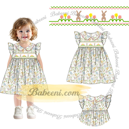 Smocked Floral Girl Dress with Zigzag Stitch Collar – DR4369