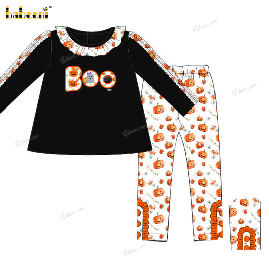 Girl Outfit Black Top Boo Embroidered - DR3972