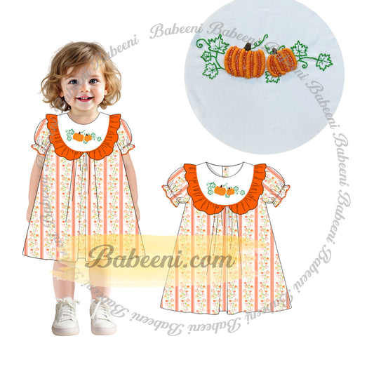 Pumpkin Vine Hand-Embroidered Fall Dress – DR4397
