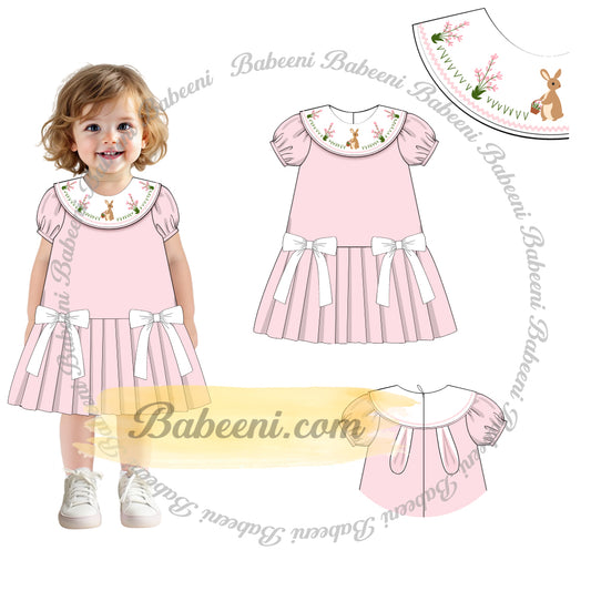 Pink Corduroy Holiday Dress with Bunny Embroidery – DR4344