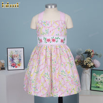 Girl dress woven 4.0 print with pink flower hand smocked embroidery - DR4171