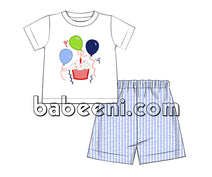 Birthday cake and balloon smocked short set - BC 689