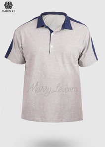 GREY T-SHIRT WITH NAVY BYRON COLLAR - MD418