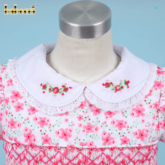 Geometric Smocked Belted Dress Cherry Blossom On White For Girl - DR3668