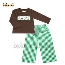 Wild duck and cattails weed smocked check boy long set - BC 879