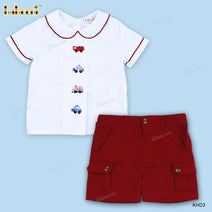 French Knot Vehicles White Shirt Red Bottom For Boy -  BC1130