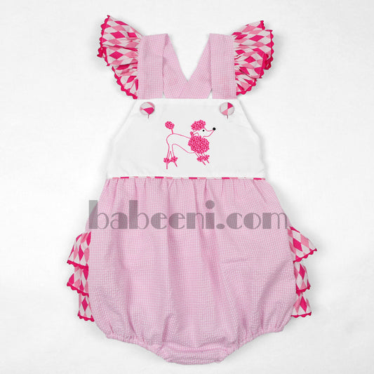 Cute pink poodle embroidery and french knot girls bubble - DR 1769