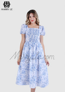 WOMEN SQUARE COLLAR GEOMETRIC SMOCKING DRESS – MD551