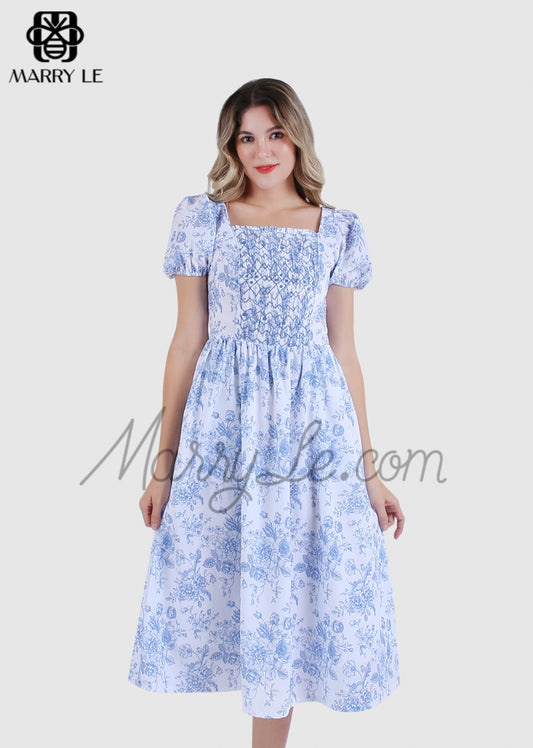 WOMEN SQUARE COLLAR GEOMETRIC SMOCKING DRESS – MD551