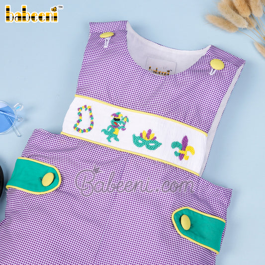 Mardi gras hand smocked shortall for little boys  – BC 1032