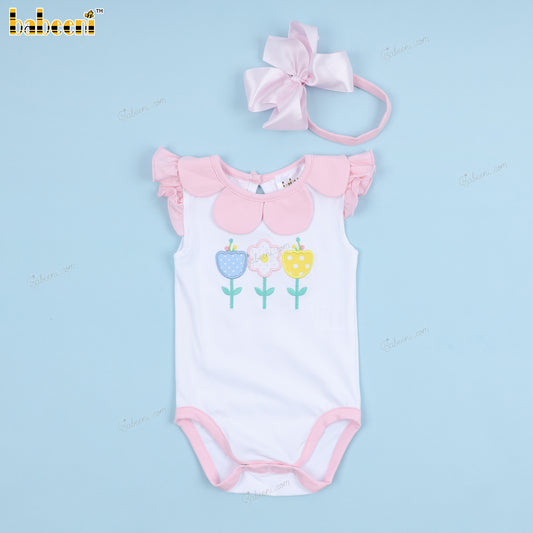 Girl Applique Bubble Flowers And Pink Accent - DR3810