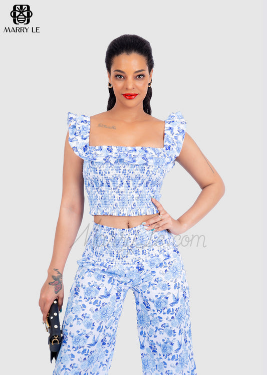 SHIRRED STRAP BLUE FLORAL 2-PIECES SET - MD309