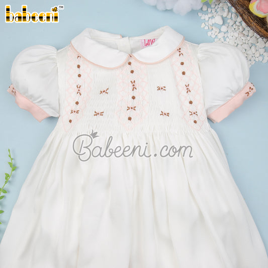 Beautiful little girls white satin floral smocked dress - DR 3231