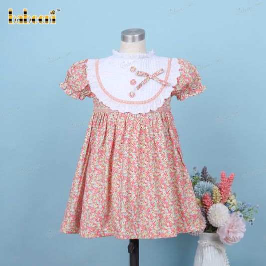 Plain Dress With Floral Pink Lace Around Neck For Girl - DR3647