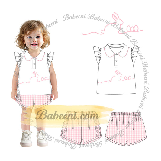 Girl’s Bunny Embroidered Tee & Pink Check Shorts Set – DR4345