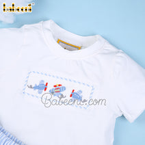 Smocked airplane boy set light blue seersucker - BC 983