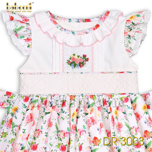 Pink Flower Pin-tuck embroidery girl dress - DR 3003