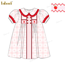 Girl Dress Geometric Smocked Hand Embroidered Apple In Red - DR3939