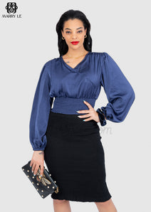 V-NECK SATIN NAVY BLOUSE AND PENCIL SKIRT – MD248