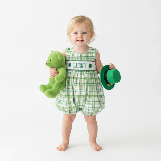 BC1483 - Baby Boys St. Patrick's Day Lucky Plaid Knit Bubble Romper