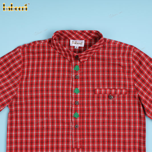 Boy Shirt In Red With Pine Tree Hand Emrbroidered - BC1249