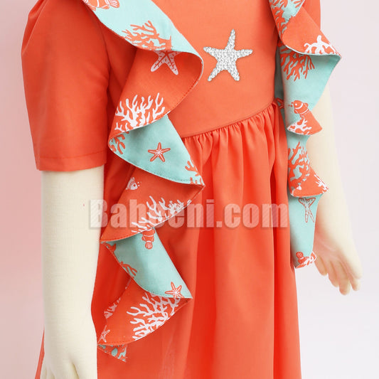 Girls coral starfish ruffles dress- DR 2847