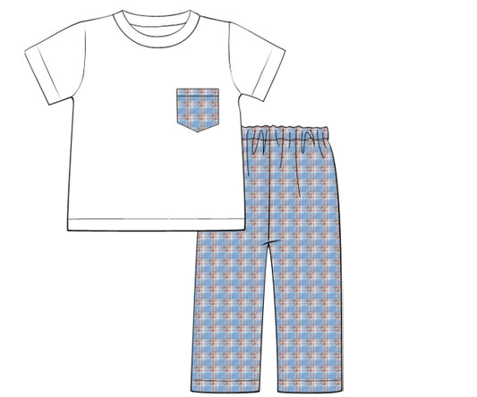 XB27- blue, dark orange plaid seersucker
