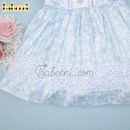 Stunning little girls blue floral satin smocked dress - DR 3245