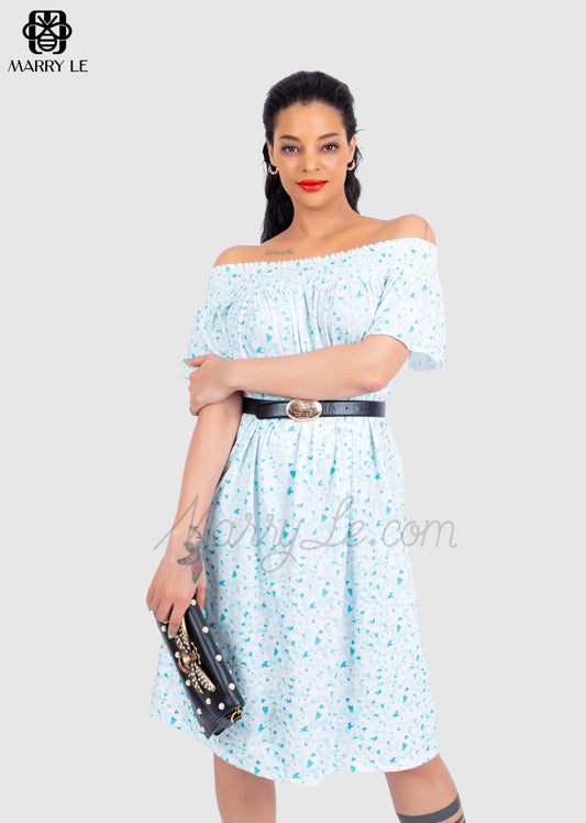 AQUA PRINT OFF SHOULDER KNIT DRESS - MD36