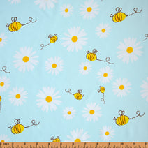 V8- Daisy and bee on Blue viscose fabric printed 4.0