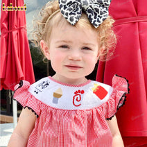 Smocked Bishop Dresses In Pink And White Neck With Icecream For Girl