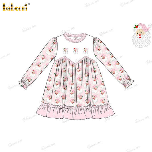 Girl Dress In Pink Hand Embroidered Santa Claus - DR4046