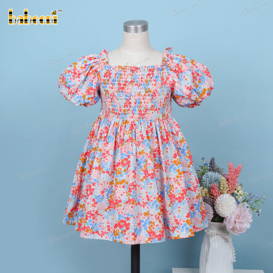 Shirred Dress In Colorful Flower Pattern For Girl - DR3644