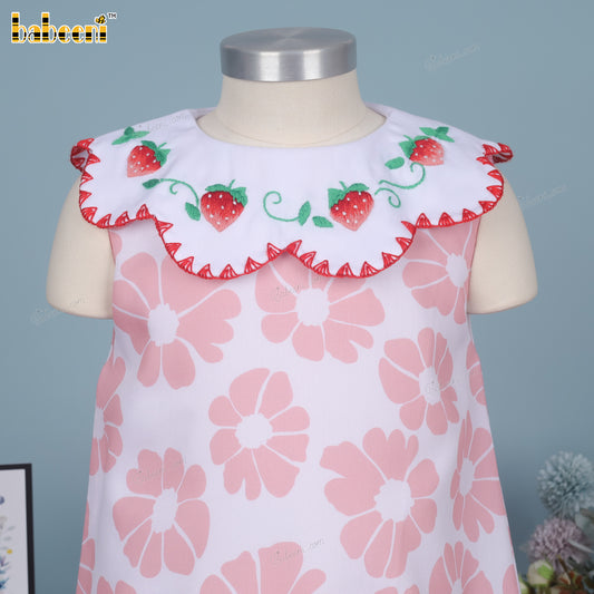 Girl dress 4.0 print with scallop strawberry hand embroidery - DR4154