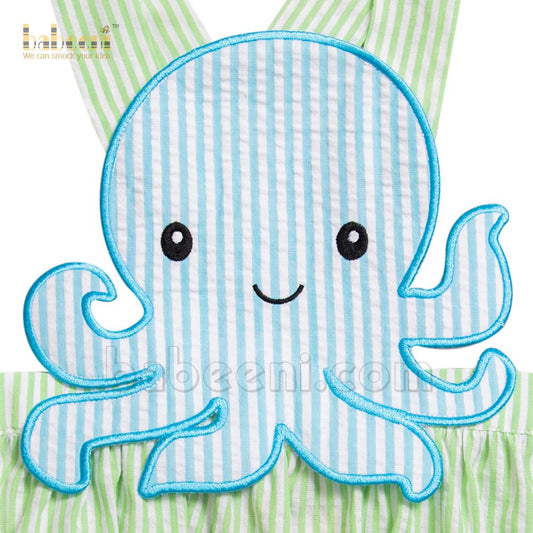 Octopus lime green medium stripe seersucker bubble for little boys– BC892