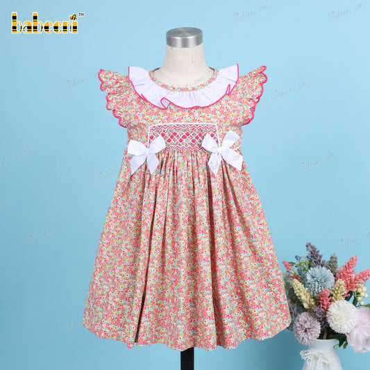 Geometric Smocked Dress In Red Floral White Neck For Girl - DR3617