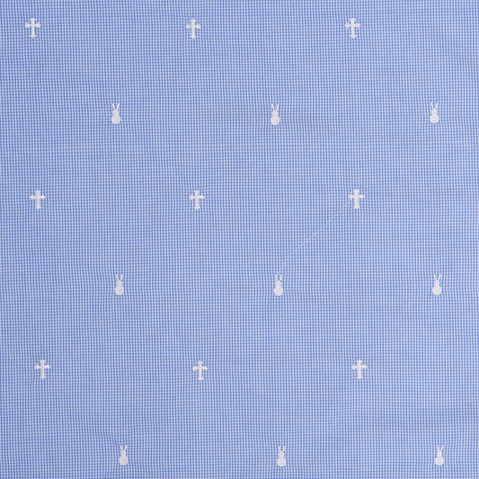 Y41- bunny and cross on blue gingham fabric